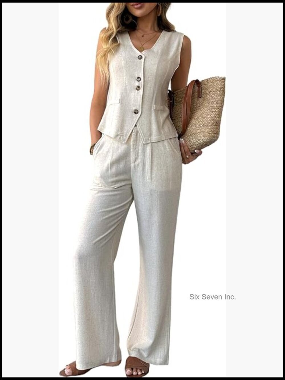 Women's 2 Piece Cotton Linen Vest & Wide Leg Pants Suit Summer Set